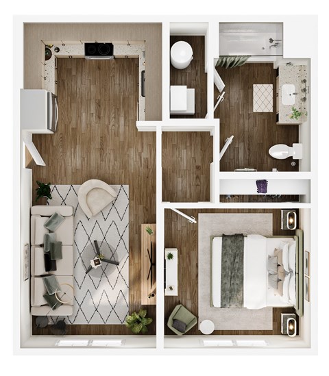 Floor plan for 1 bed, 1 bath, 658 sqft